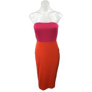 NBD Pink Orange Knit Strapless Colorblock Tube Bandeau Sheath Midi Dress Size M